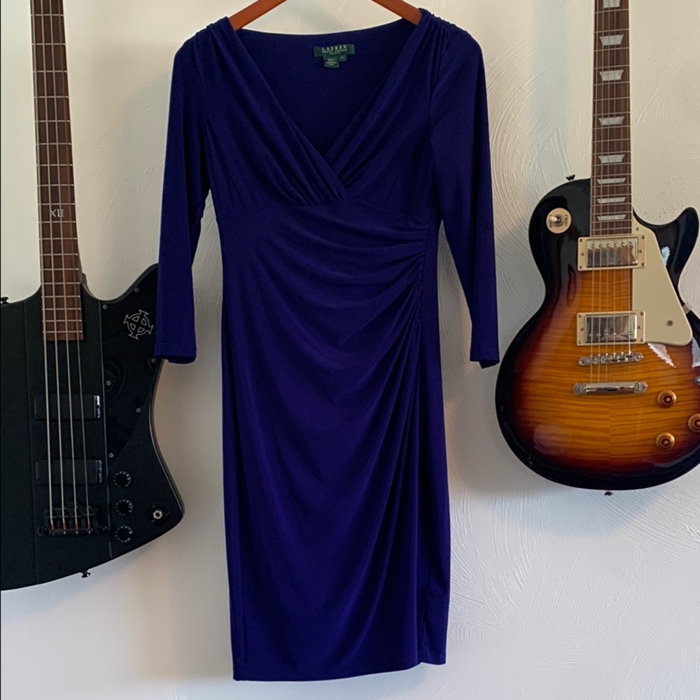 Lauren Ralph Lauren Blue Ruched Wrap Midi Dress